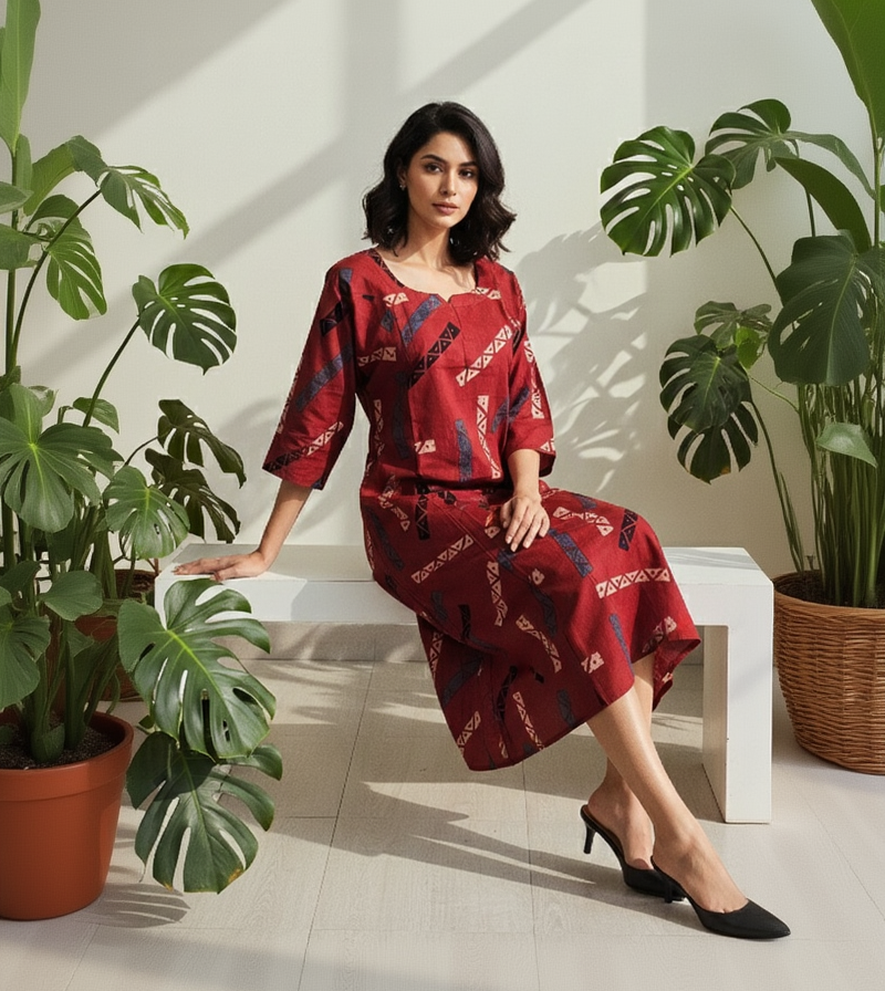 Brick Red Cotton A-Line Dress for Women – Geometric Printed Casual Wear with Inner Lining