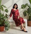 Brick Red Cotton A-Line Dress for Women – Geometric Printed Casual Wear with Inner Lining