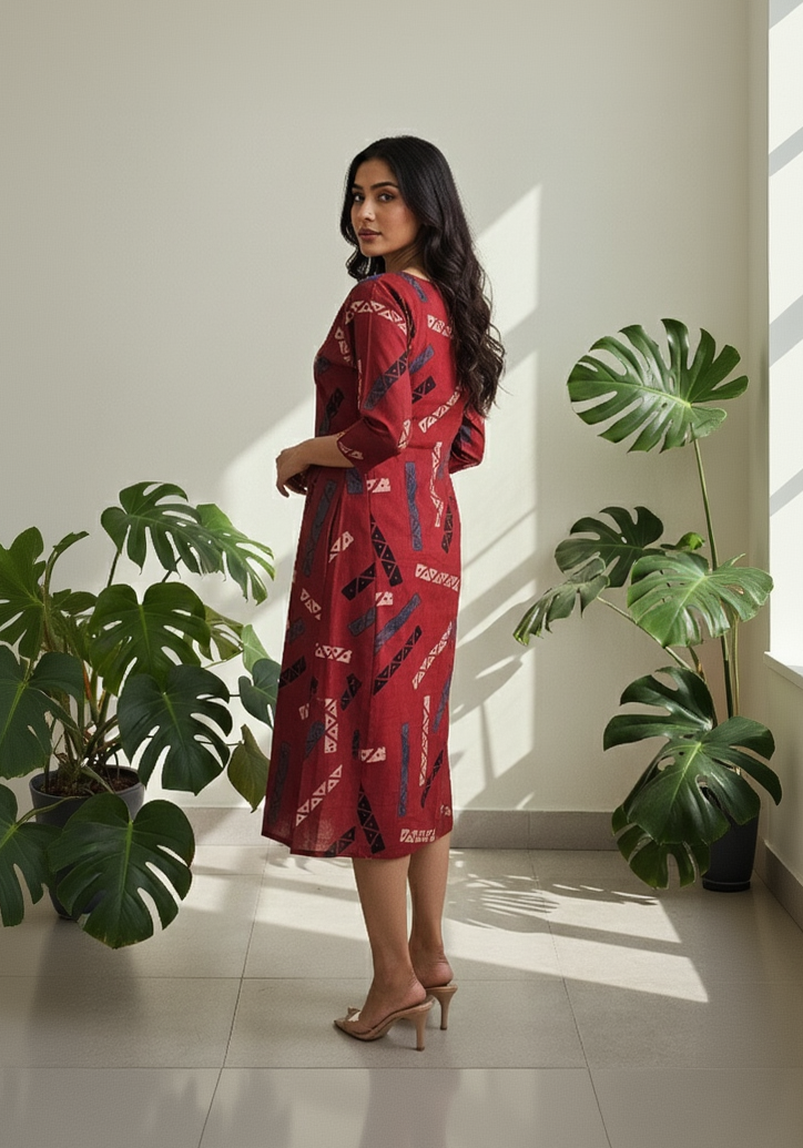Brick Red Cotton A-Line Dress for Women – Geometric Printed Casual Wear with Inner Lining