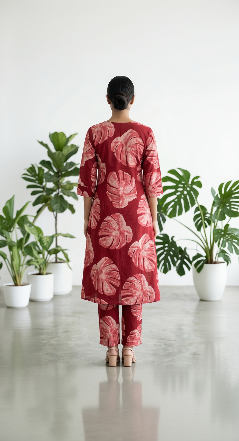 Brick Red Monstera Leaf Co-ord Set – Tropical Print Cotton Kurta Set – Elegant Everyday Floral Set for Women