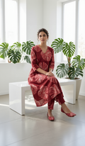 Brick Red Monstera Leaf Co-ord Set – Tropical Print Cotton Kurta Set – Elegant Everyday Floral Set for Women