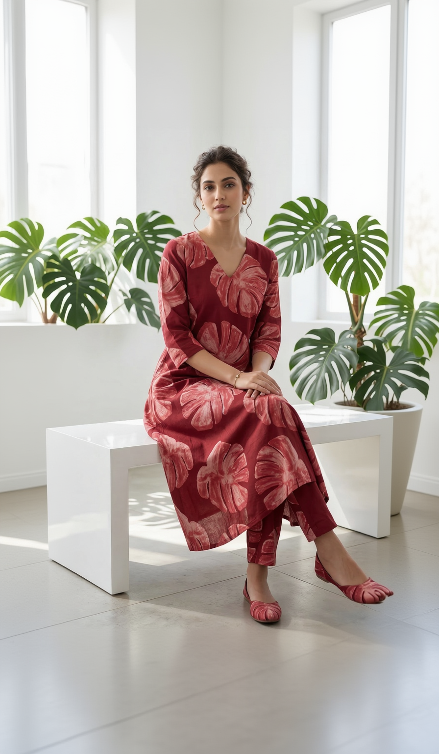 Brick Red Monstera Leaf Co-ord Set – Tropical Print Cotton Kurta Set – Elegant Everyday Floral Set for Women