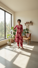 Brick Red Monstera Leaf Co-ord Set – Tropical Print Cotton Kurta Set – Elegant Everyday Floral Set for Women