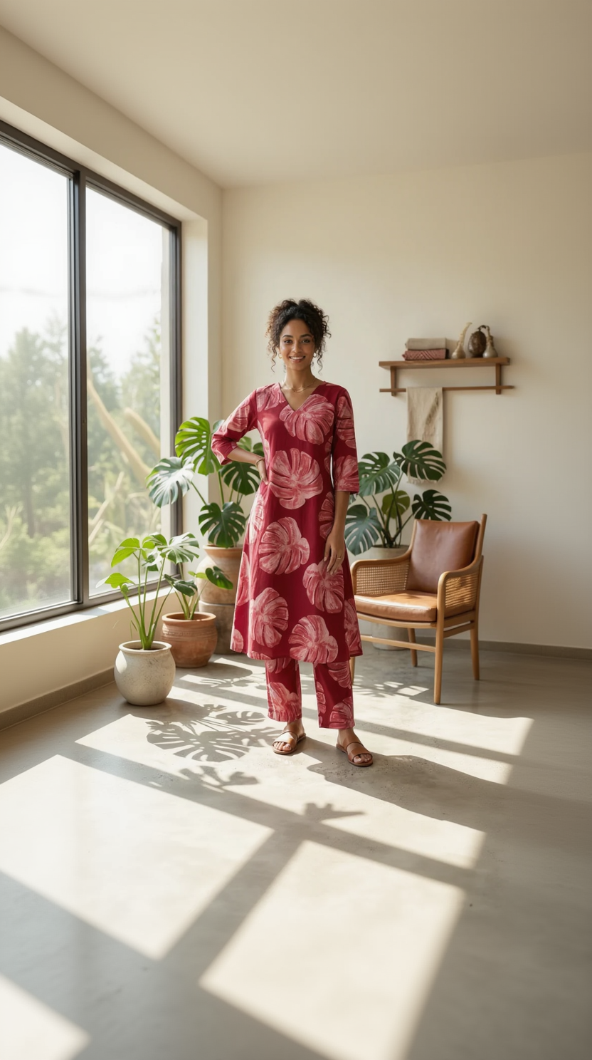 Brick Red Monstera Leaf Co-ord Set – Tropical Print Cotton Kurta Set – Elegant Everyday Floral Set for Women