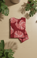 Brick Red Monstera Leaf Co-ord Set – Tropical Print Cotton Kurta Set – Elegant Everyday Floral Set for Women