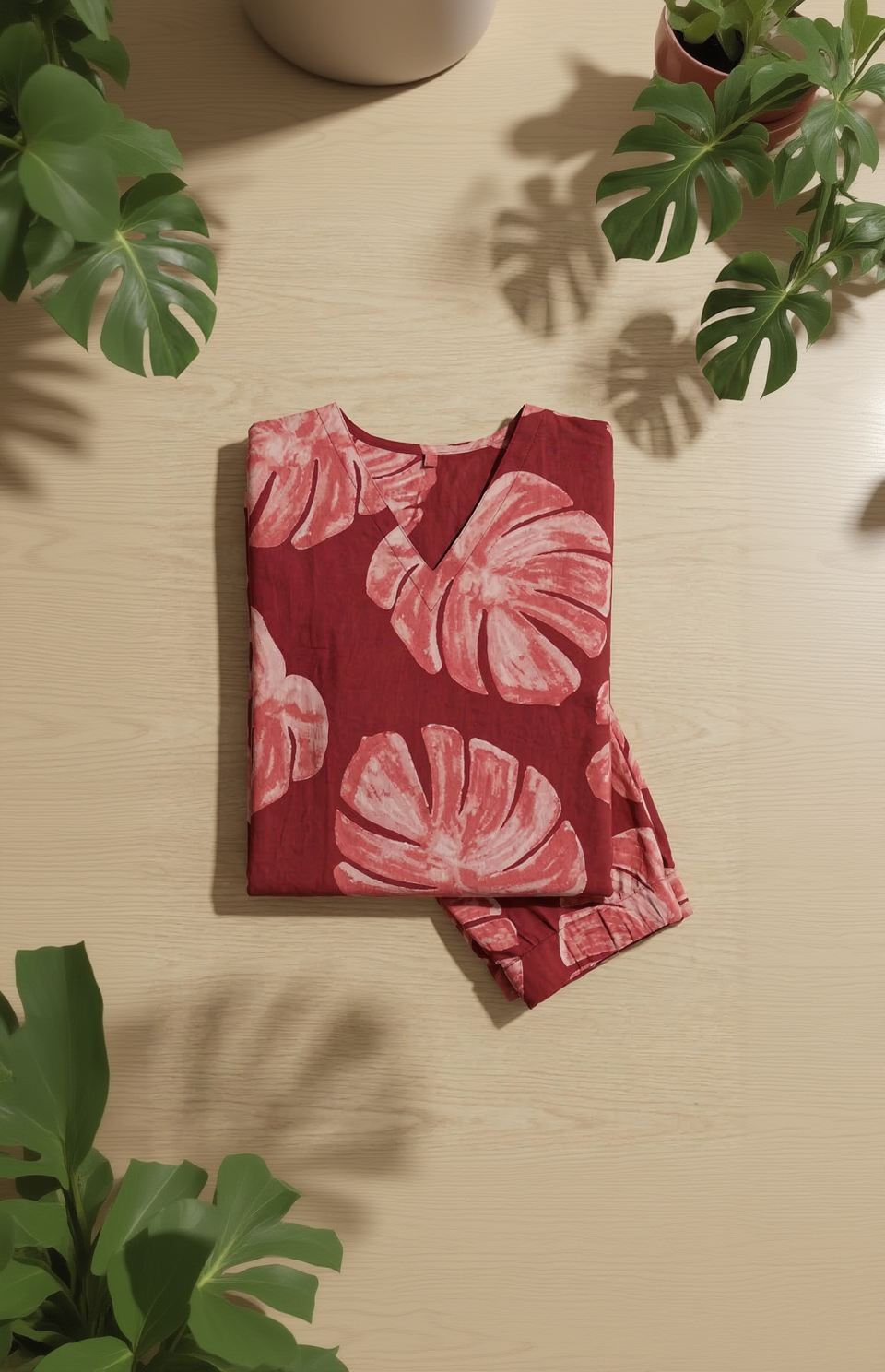 Brick Red Monstera Leaf Co-ord Set – Tropical Print Cotton Kurta Set – Elegant Everyday Floral Set for Women