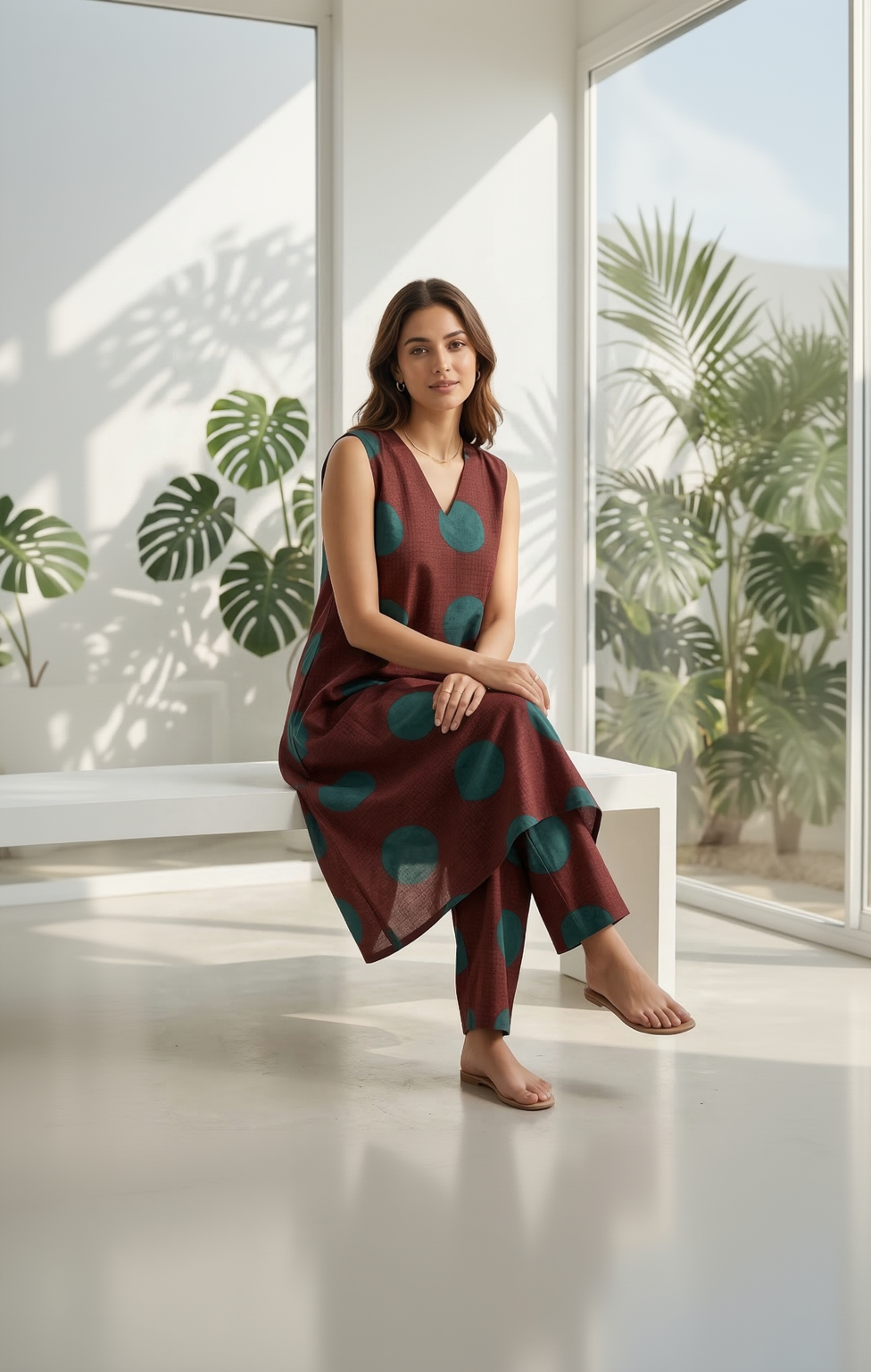 Chocolate Brown Oversized Polka Co-ord Set – Teal Dot Cotton Kurta Pant – Chic Sleeveless Daily Wear for Women