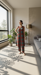 Chocolate Brown Oversized Polka Co-ord Set – Teal Dot Cotton Kurta Pant – Chic Sleeveless Daily Wear for Women