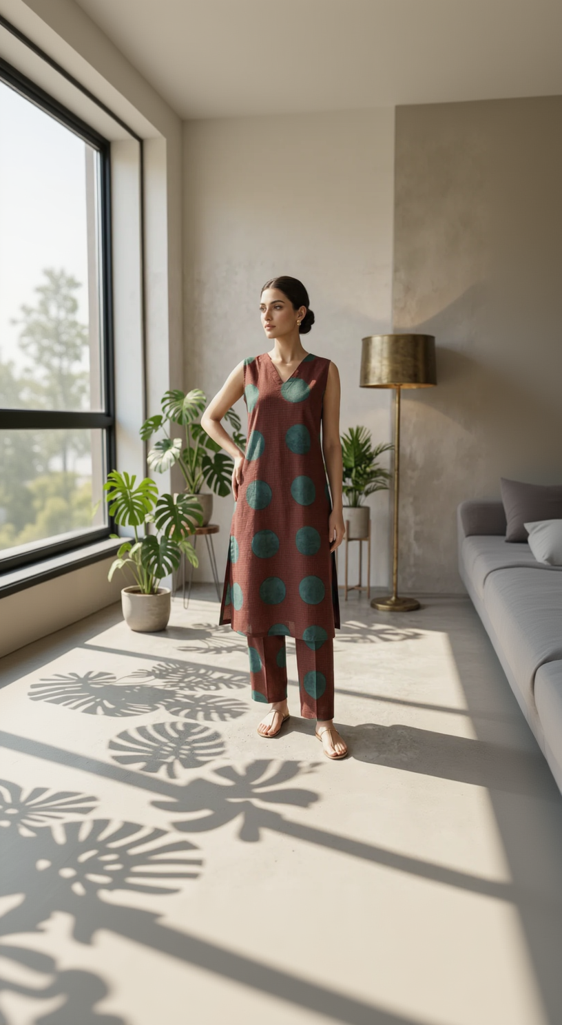 Chocolate Brown Oversized Polka Co-ord Set – Teal Dot Cotton Kurta Pant – Chic Sleeveless Daily Wear for Women