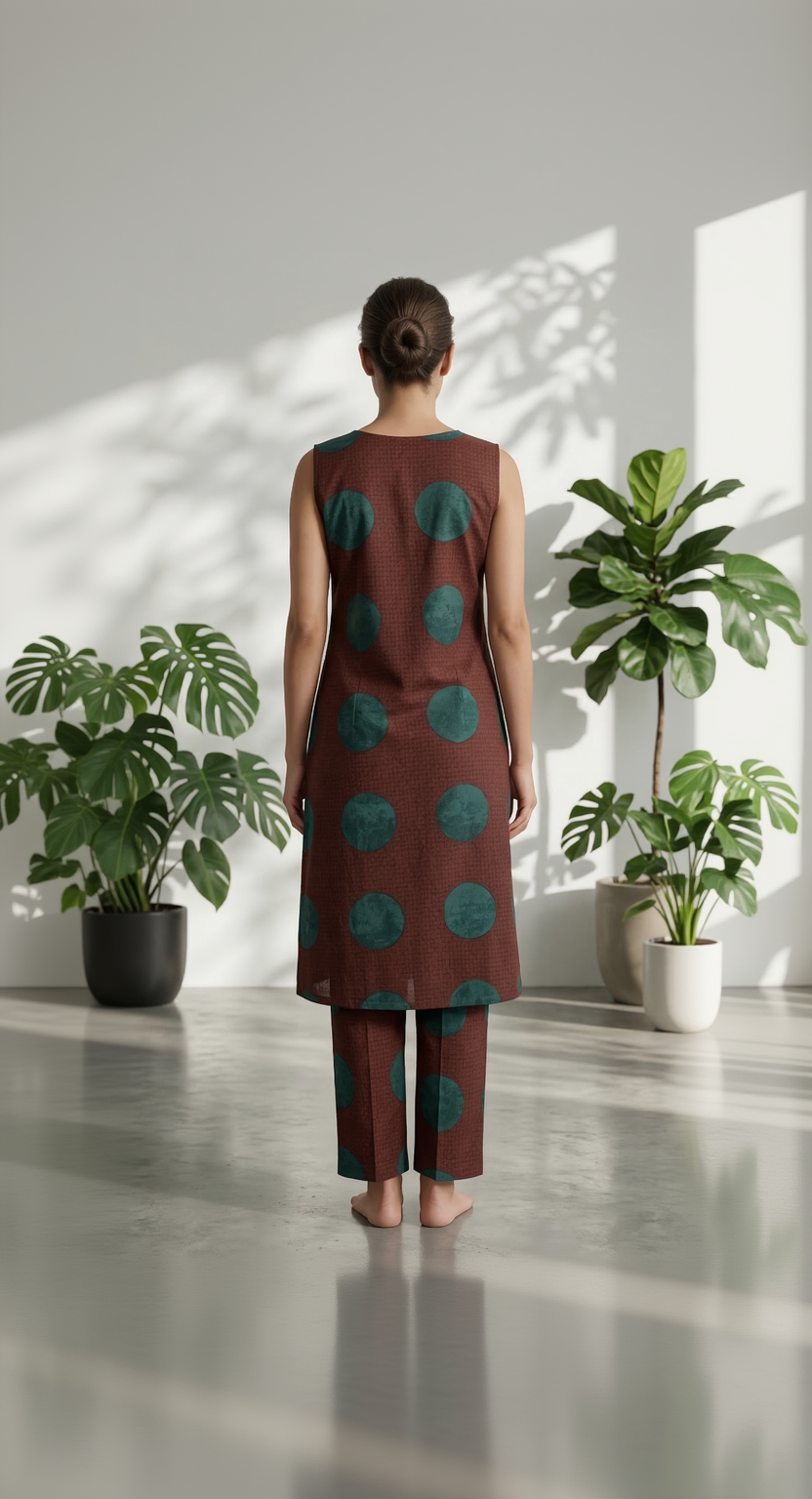 Chocolate Brown Oversized Polka Co-ord Set – Teal Dot Cotton Kurta Pant – Chic Sleeveless Daily Wear for Women