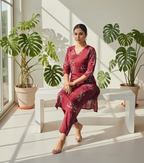 Burgundy Cotton Kurta Pant Set – Printed Daily Wear Co-ord – Breathable Casual Outfit for Women