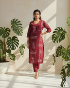 Burgundy Cotton Kurta Pant Set – Printed Daily Wear Co-ord – Breathable Casual Outfit for Women