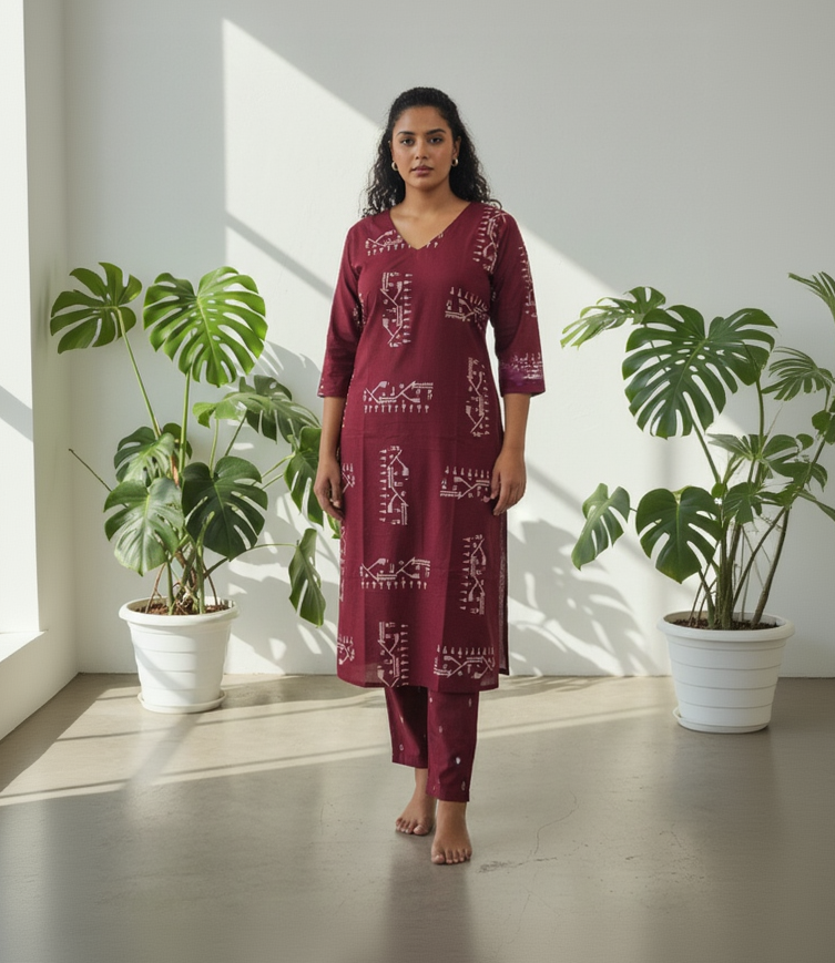 Burgundy Cotton Kurta Pant Set – Printed Daily Wear Co-ord – Breathable Casual Outfit for Women