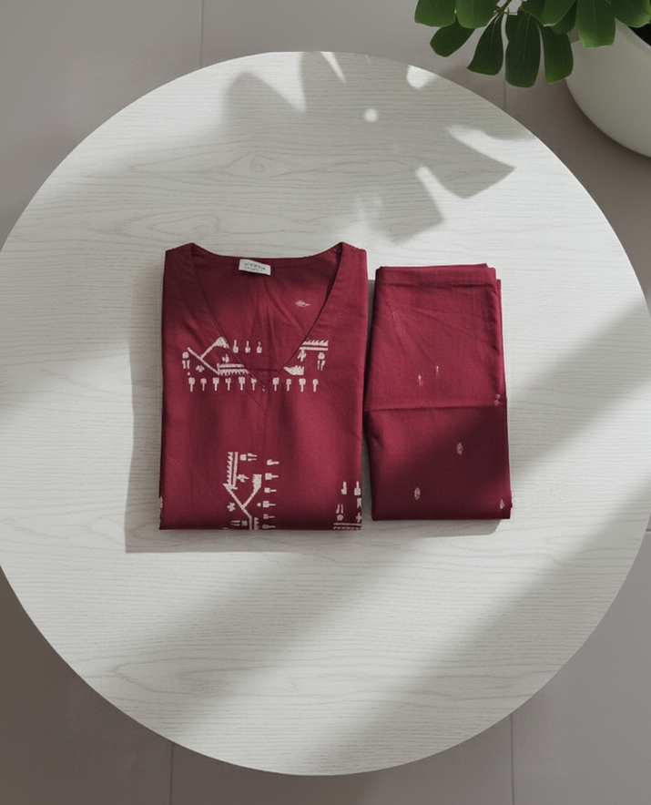 Burgundy Cotton Kurta Pant Set – Printed Daily Wear Co-ord – Breathable Casual Outfit for Women