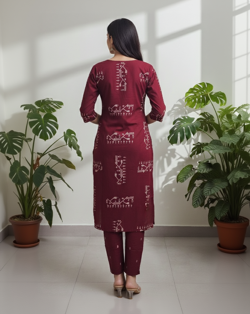 Burgundy Cotton Kurta Pant Set – Printed Daily Wear Co-ord – Breathable Casual Outfit for Women
