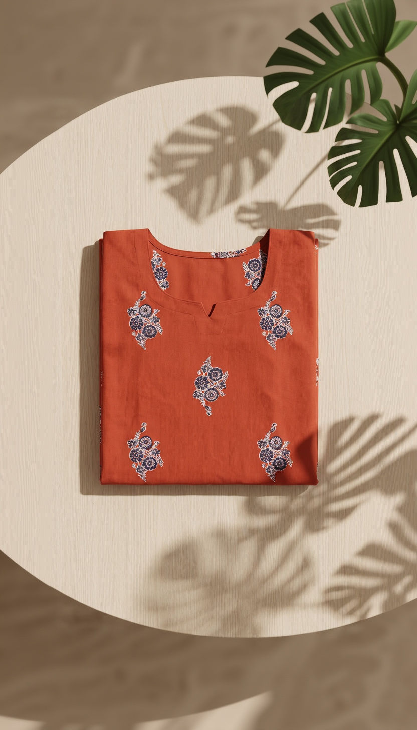 Burnt Orange Cotton Slub Kurta – Indigo Floral Butti Print – Classic Everyday Wear