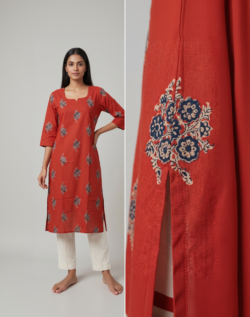 Burnt Orange Cotton Slub Kurta – Indigo Floral Butti Print – Classic Everyday Wear