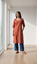 Burnt Orange Cotton Slub Kurta – Indigo Floral Butti Print – Classic Everyday Wear