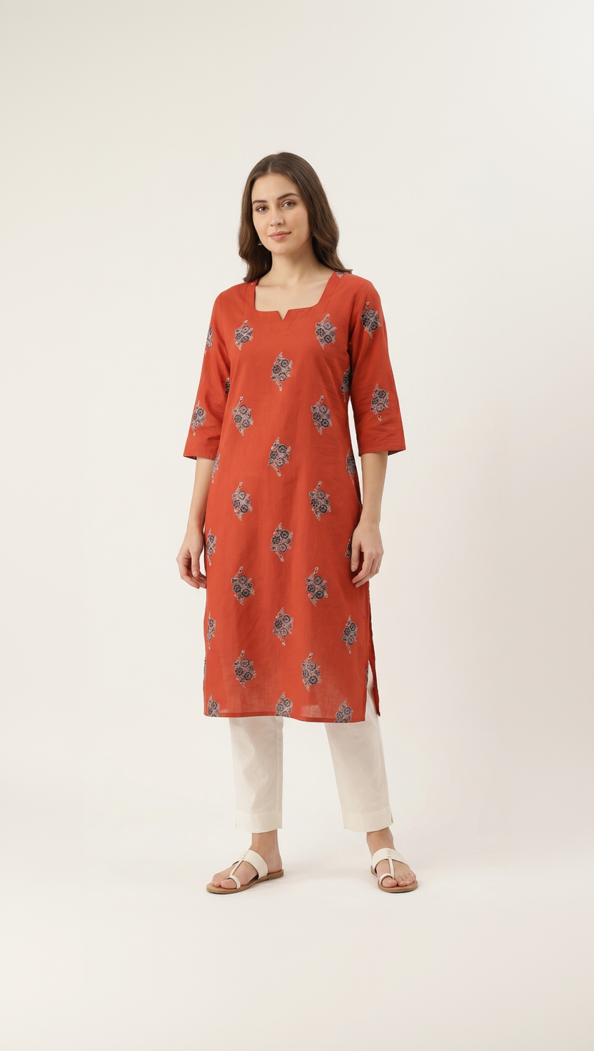 Burnt Orange Cotton Slub Kurta – Indigo Floral Butti Print – Classic Everyday Wear