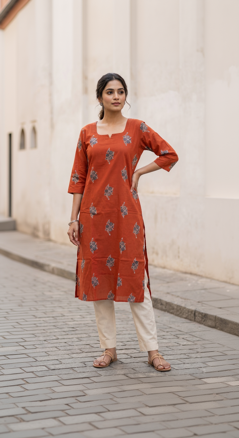 Burnt Orange Cotton Slub Kurta – Indigo Floral Butti Print – Classic Everyday Wear