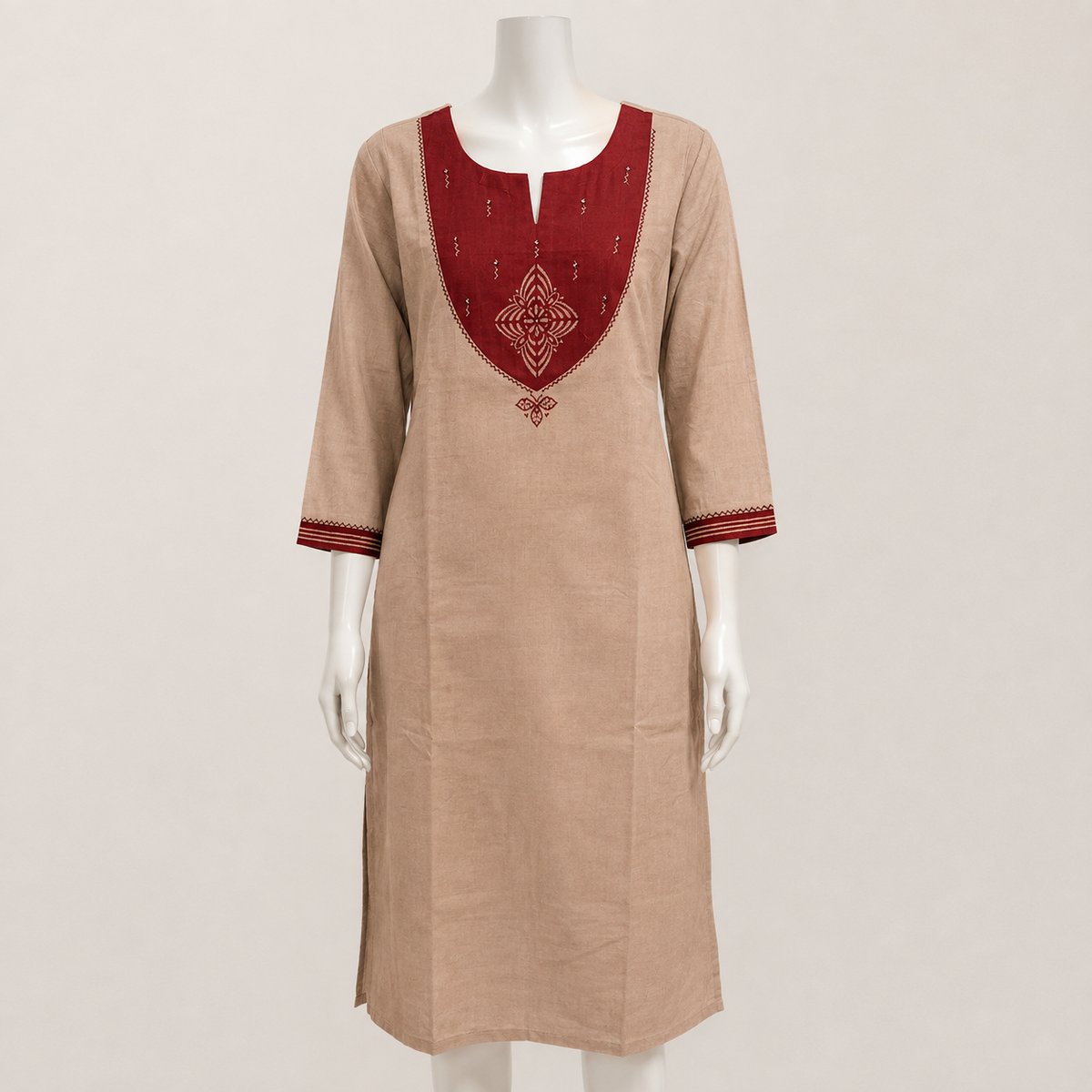Anvita Beige Straight Cotton Kurta with Maroon Yoke Design & Glass Work