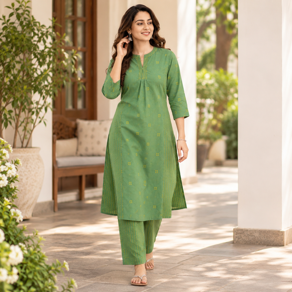 Anvita Green Straight Kurta Pant Set with Subtle Motif Print