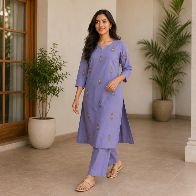 Revanta Lavender Malchanderi Straight Kurta Co-ord Set – Floral Embroidery & Inner Lining – Elegant Festive Wear