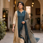 Revanta Beige & Blue-Green Contrast Kurta Pant Set with Printed Dupatta
