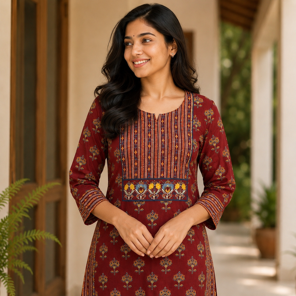 Revanta Maroon Printed Cotton Kurta & Pant Set with Embroidery and Glasswork on Yoke