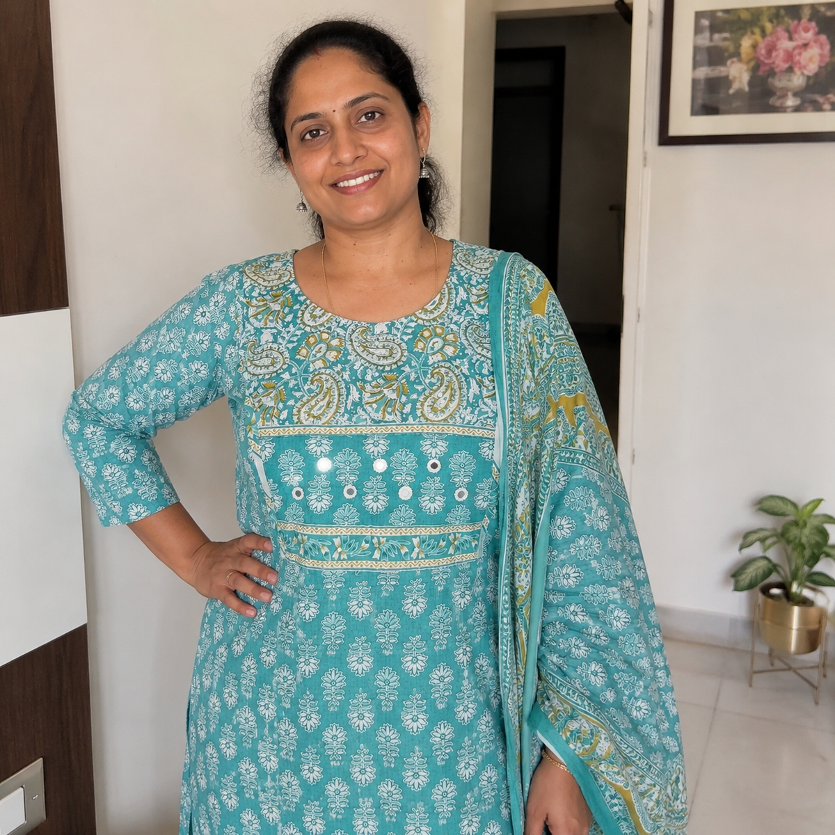 Revanta Teal Paisley Print Cotton Kurta Pant Set with Mirror Work & Dupatta