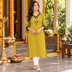 Anvita Mustard Yellow Cotton Kurti with Printed Neck & Sleeve Design