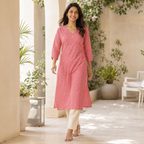 Revanta Rose Pink Floral Malchanderi Embroidered Kurta with V-Neck & Lining