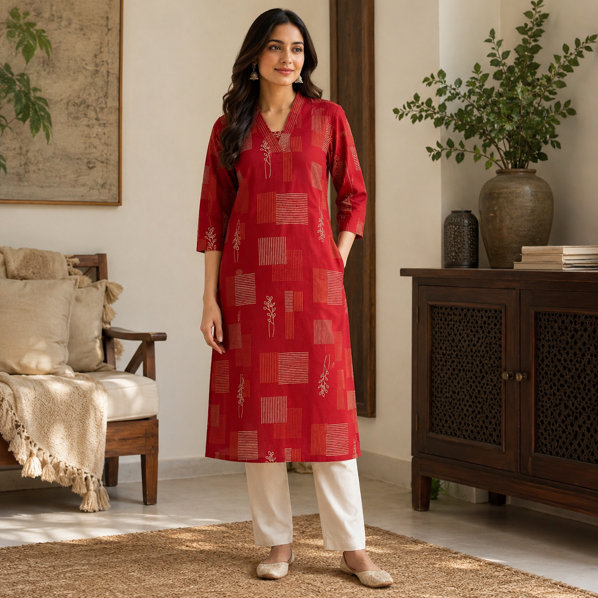 Revanta Ratip Red Cotton Geometric & Leaf Print Straight Kurta
