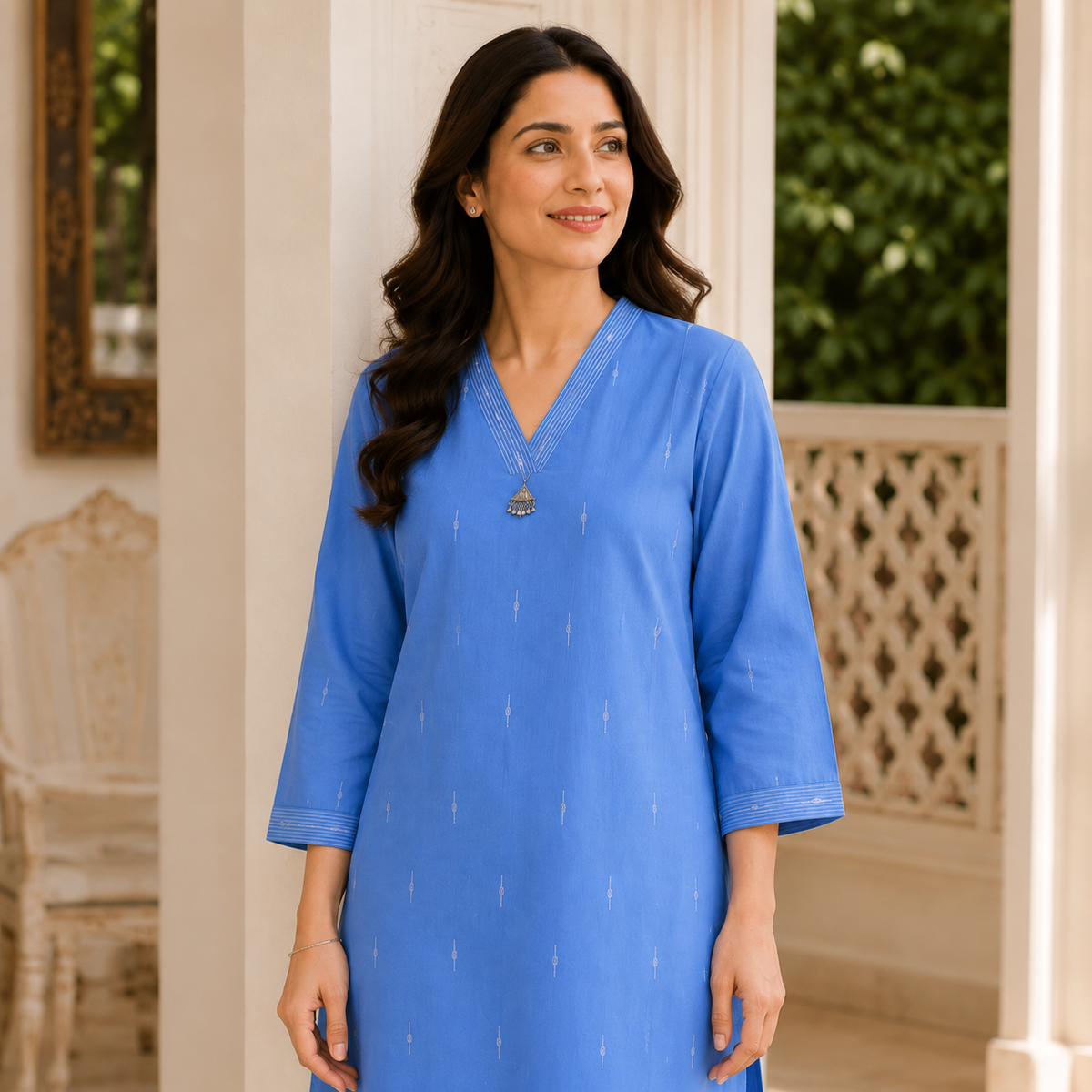 Anvita Sky Blue V Neck Cotton Kurta with Minimal Motifs & Pendant detail