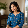 Revanta Teal Blue Printed Straight Cotton Kurta with Yoke Detail & Lining