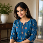 Revanta Teal Blue Printed Straight Cotton Kurta with Yoke Detail & Lining