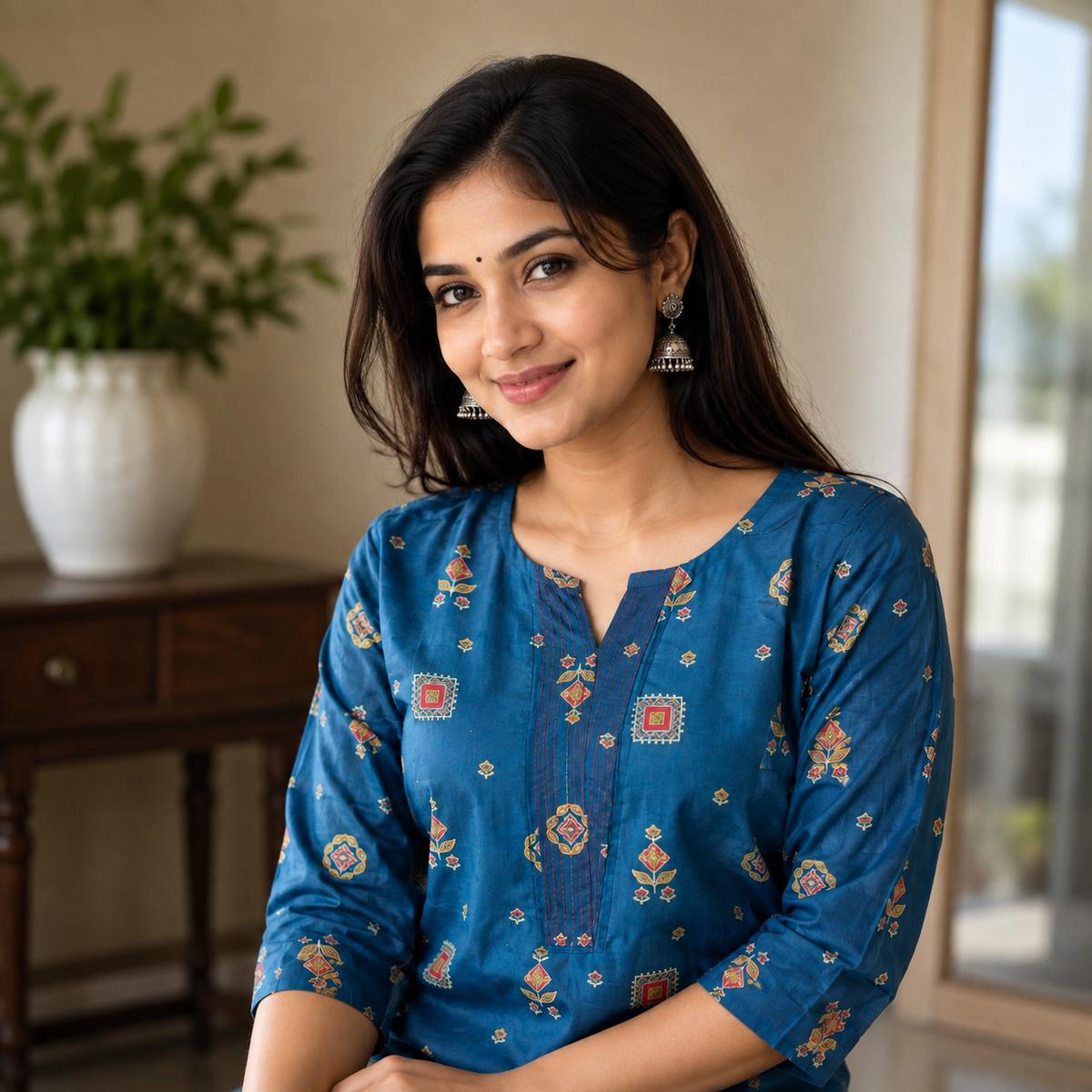 Revanta Teal Blue Printed Straight Cotton Kurta with Yoke Detail & Lining
