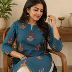 Anvita Teal Blue Cotton Kurta Featuring All-Over Floral Motifs