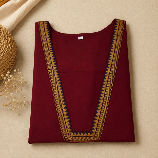 Revanta Dark Red Handloom Cotton Kurta – Jacquard Patti Neck Detail & Inner Lining – Elegant Ethnic Wear
