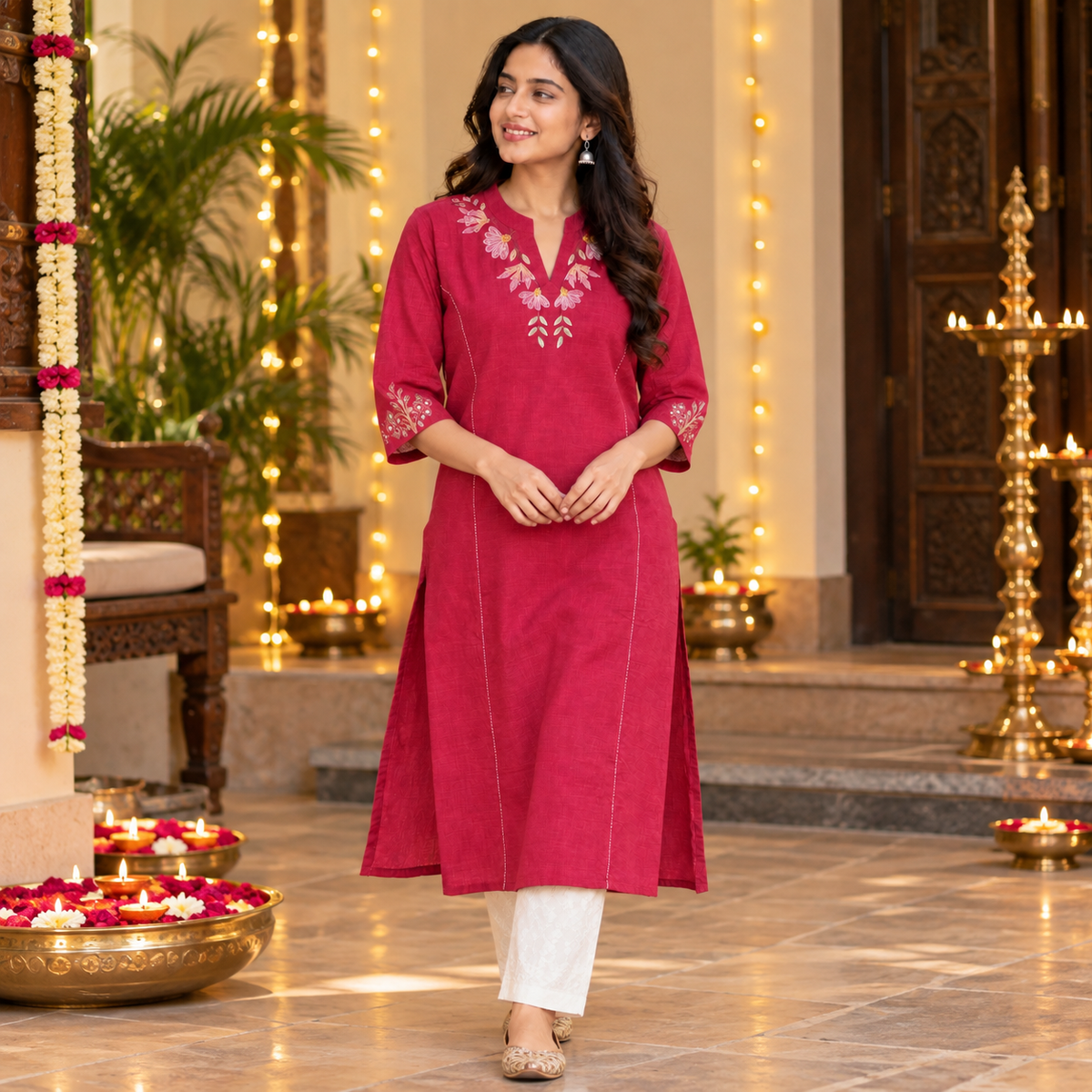 Anvita Maroon Cotton Kurta  | Floral Embroidery & Glass Work Sleeves