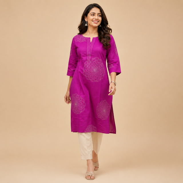 Revanta Deep Lavender Aline Kurta with Pocket, Geometric Print and Elegant Neck Pattern