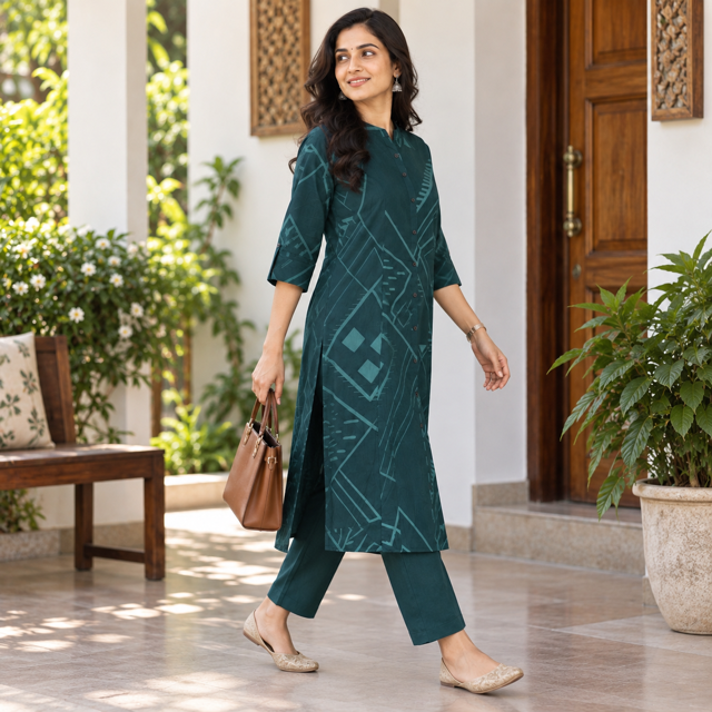 Revanta Teal Green Printed Kurta Pant Set | Kurta with 3/4 Sleeves