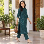 Revanta Teal Green Printed Kurta Pant Set | Kurta with 3/4 Sleeves