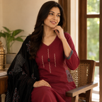 Revanta Maroon Embroidered Kurta Pant Set with Black Printed Dupatta & Mirror work