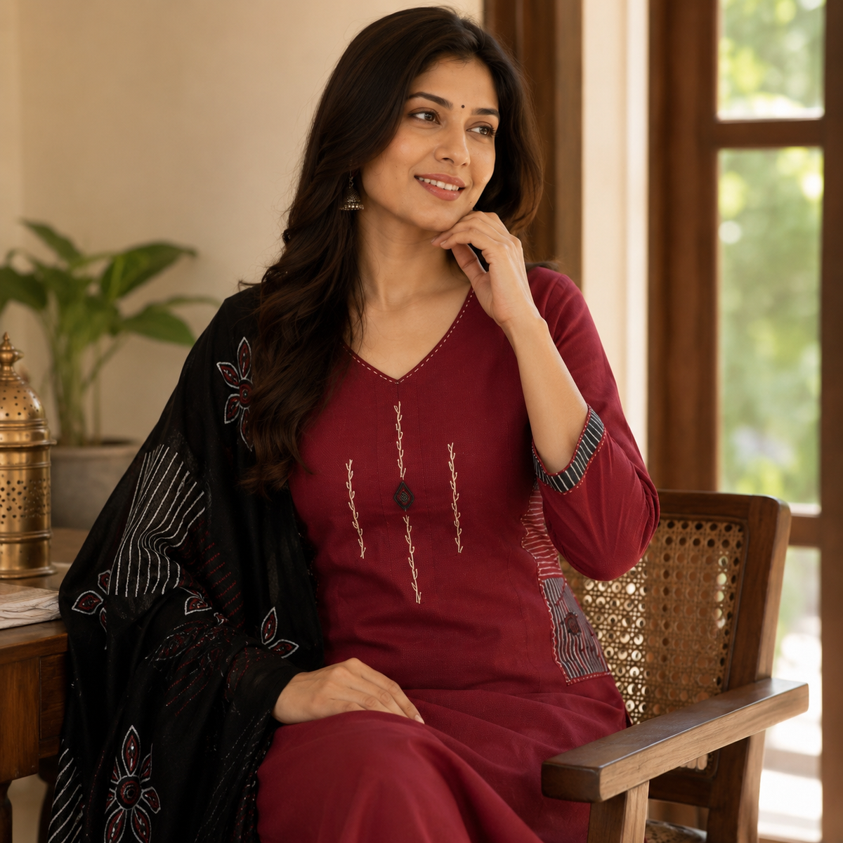 Revanta Maroon Embroidered Kurta Pant Set with Black Printed Dupatta & Mirror work