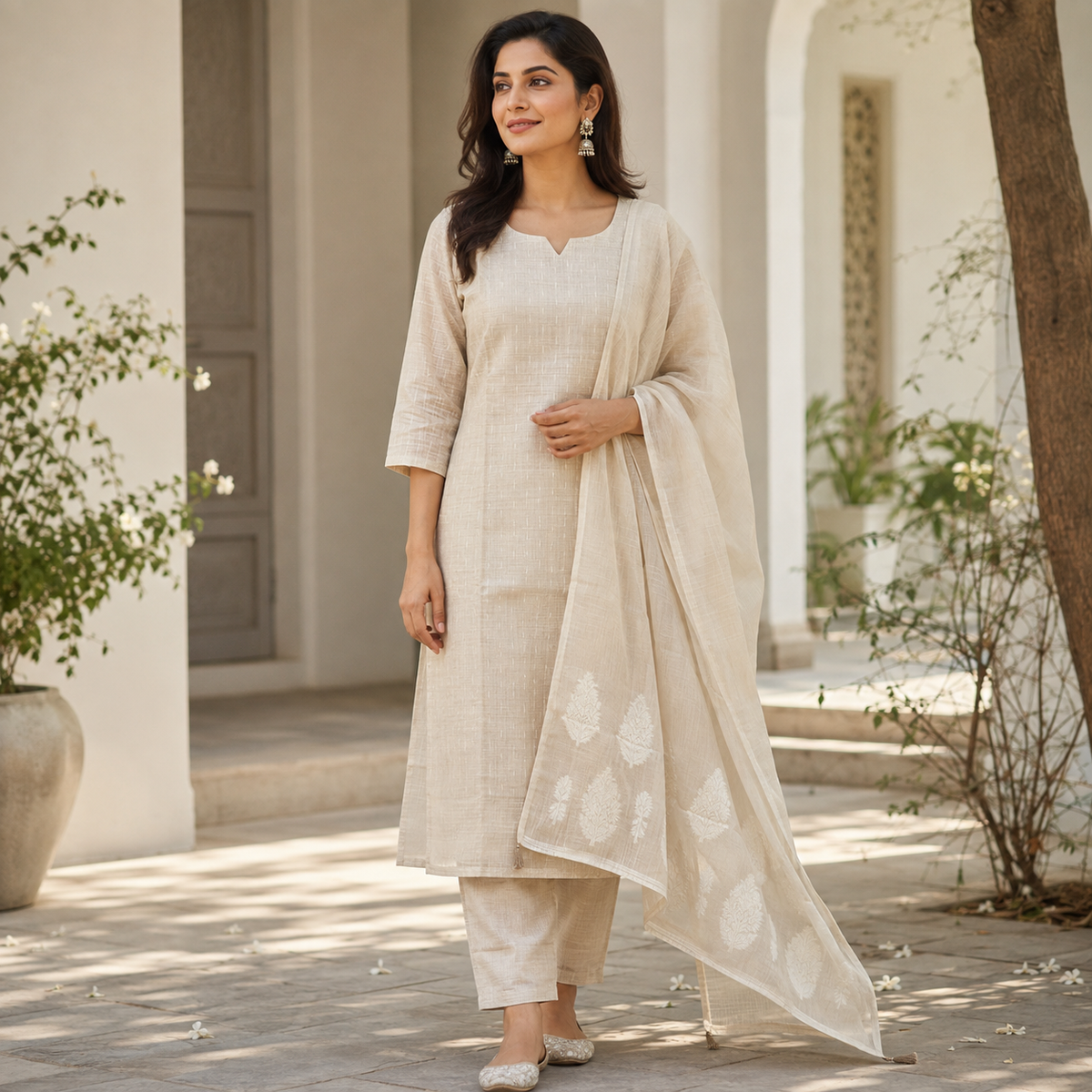 Revanta Ivory Textured Kurta Pant Set with Motif Dupatta- Silk Blend