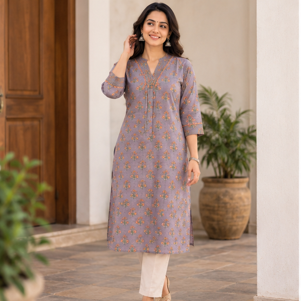 Anvita Lavender Grey Floral Cotton Printed Kurta with Pintuck V-Neck Detail