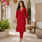 Anvita Crimson Red Cotton Embroidered Co-ord Set