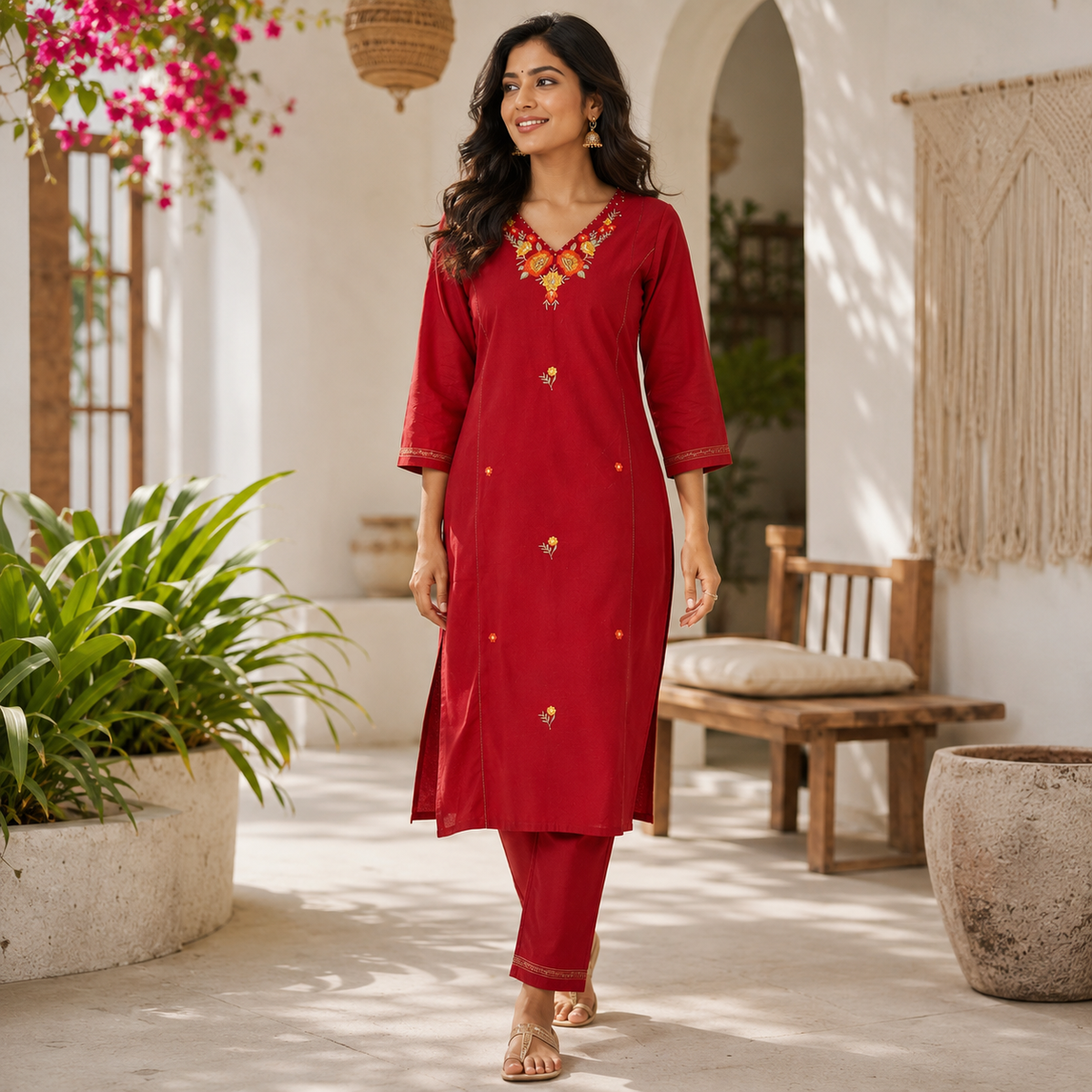 Anvita Crimson Red Cotton Embroidered Co-ord Set