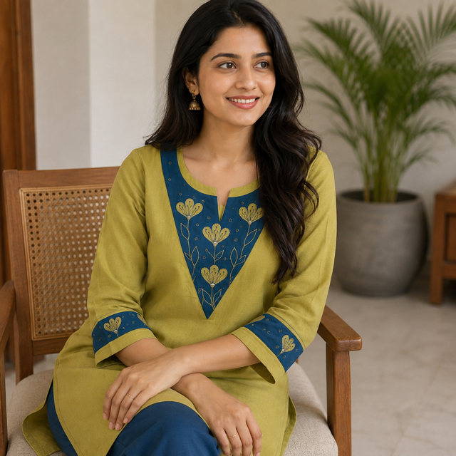 Anvita Olive Green Aline Cotton Kurta with Applique Embroidery